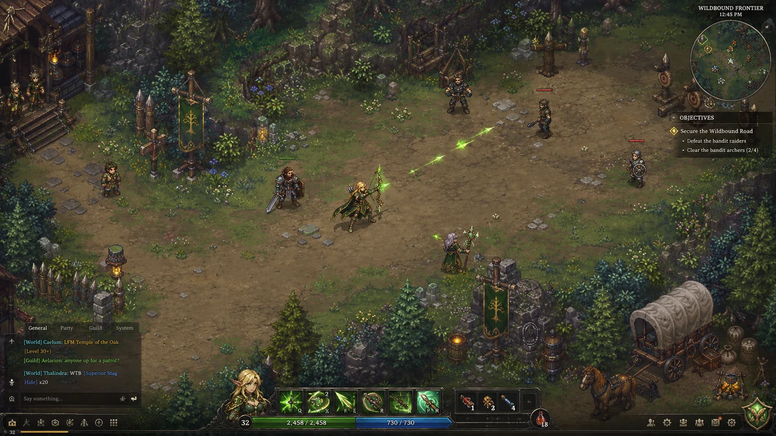 Pixel-art isometric combat in a Wildbound frontier settlement