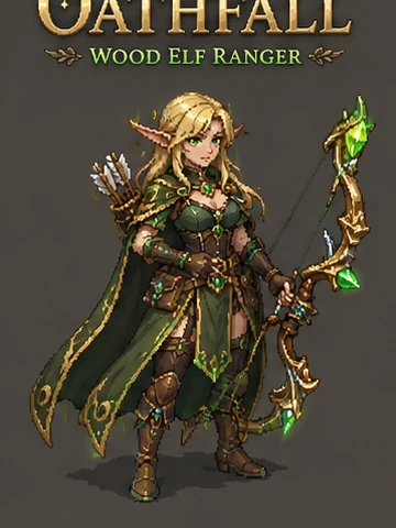 The Wildbound female Wood Elf Ranger holding an ornate emerald bow
